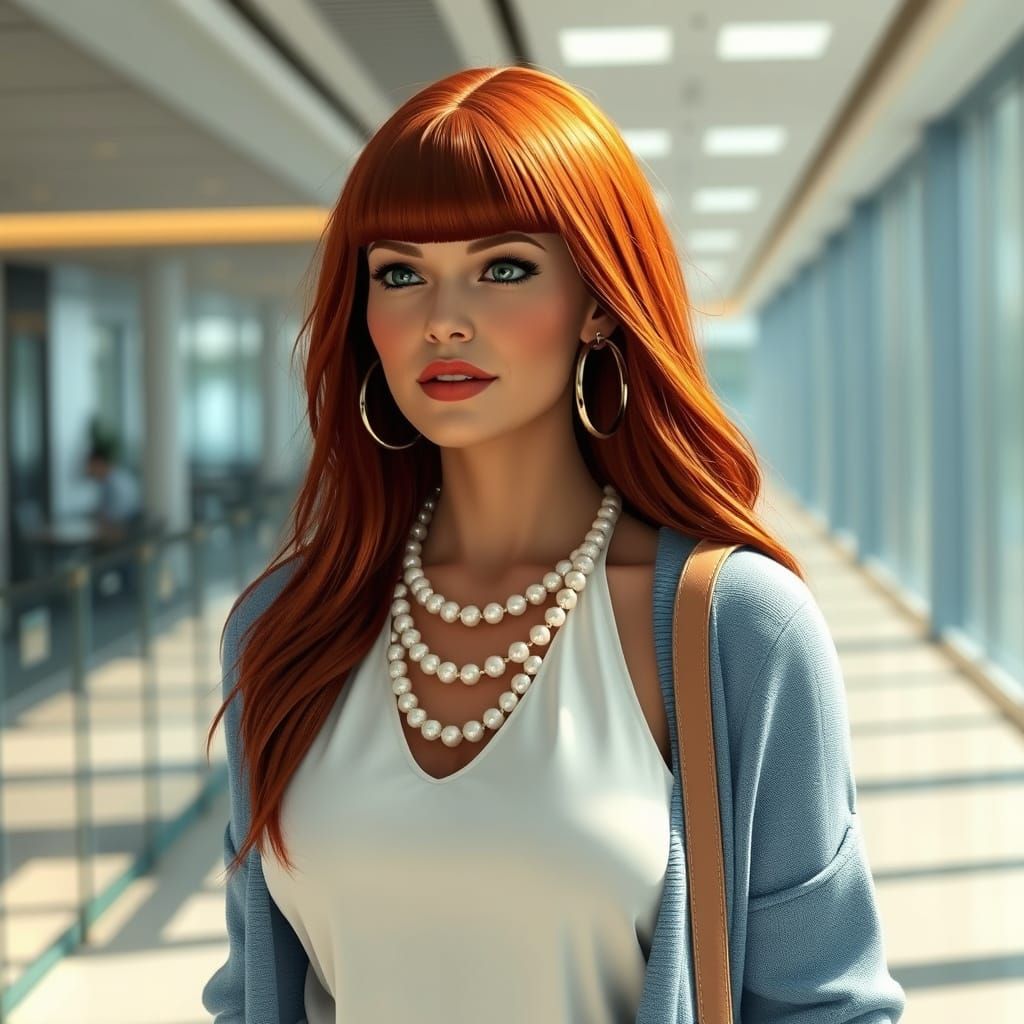 Elegant Woman in Reddish-Brown Hair and White Halter Dress