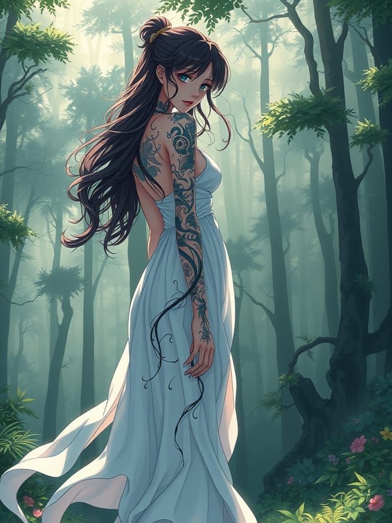 Woman with Tattoos in Forest, Anime-Inspired Art