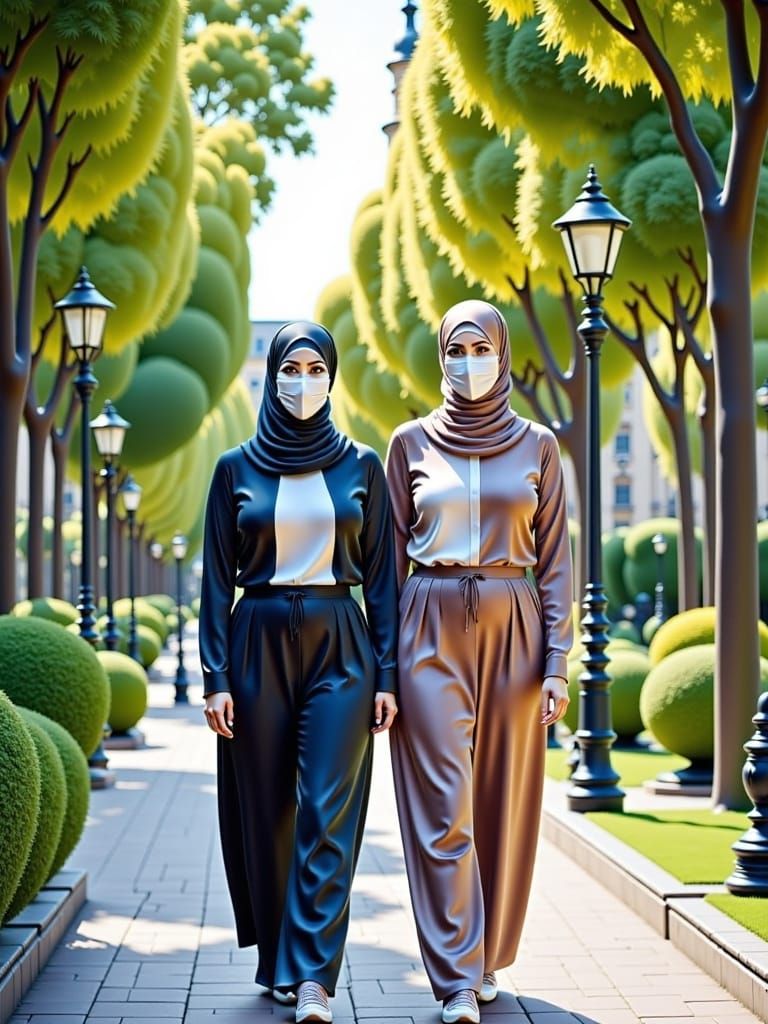 Two Modest Women Walk in a Park