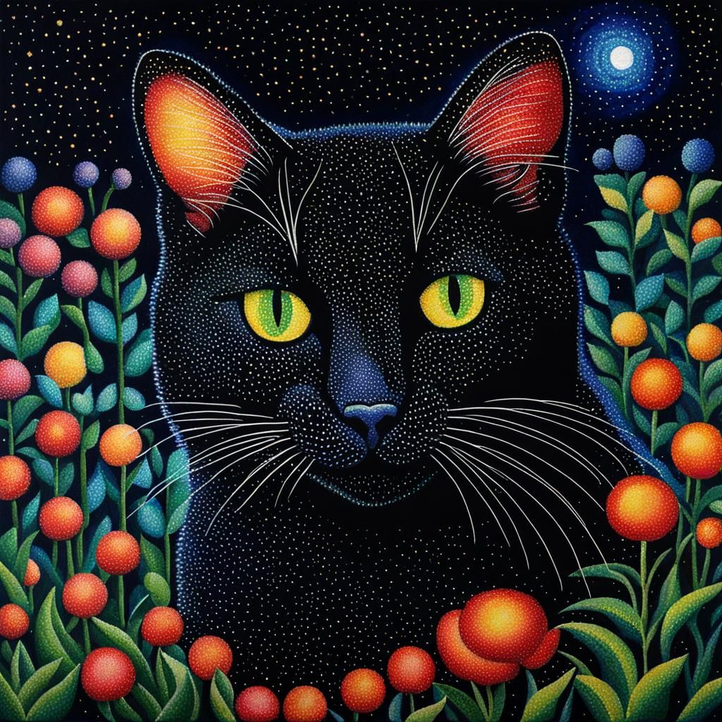 Pointillist Cat Amidst Night Garden