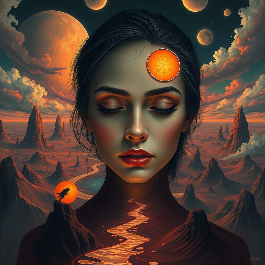 Surrealist Woman in Dreamlike Landscape, Soft Brushstrokes,...