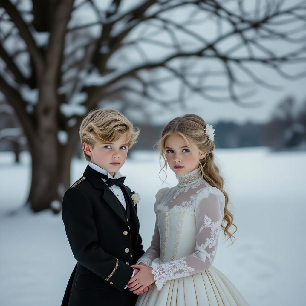 Victorian Children in Snowy Landscape, Ethereal Photography