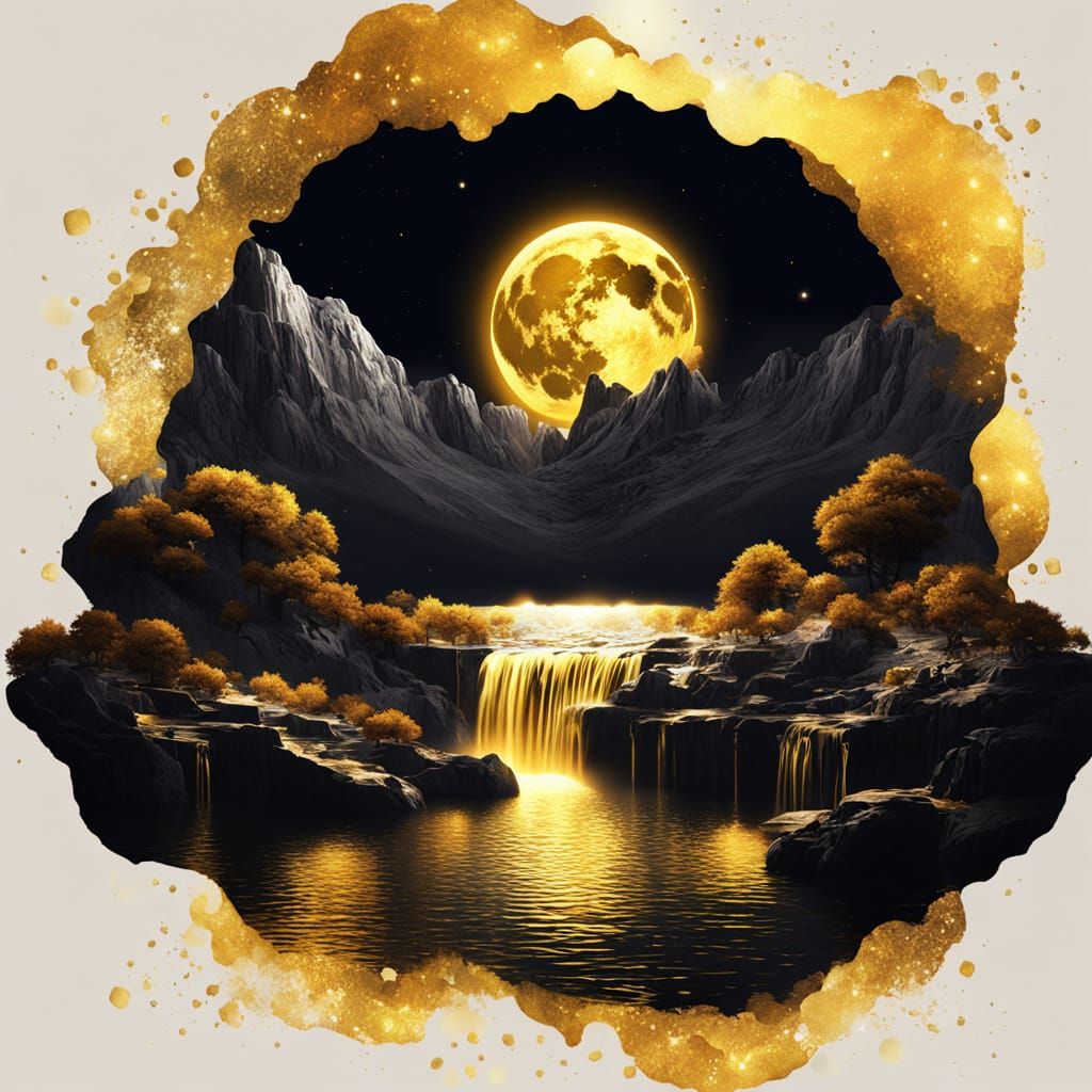 Glowing Golden Waterfall with Moon in Fantasy Art