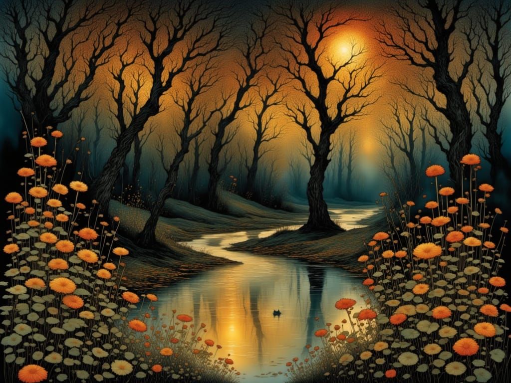 Autumn Dawn in Golden Light, Whimsical Art