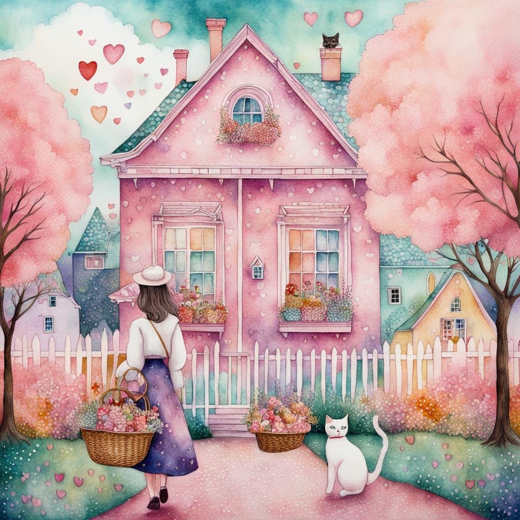 Romantic Woman with Cat in Surreal Pointillism Style