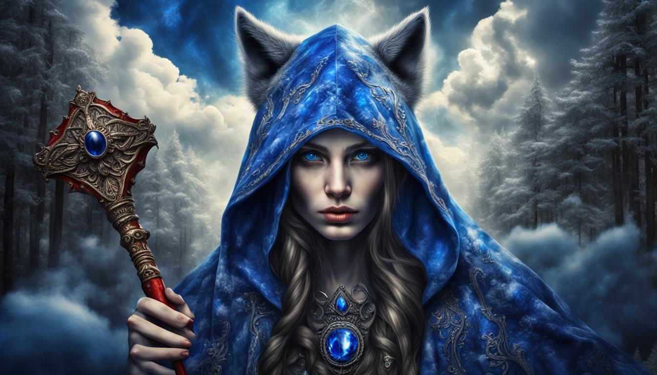 Hooded Woman with Sapphire Staff, Hyperrealistic