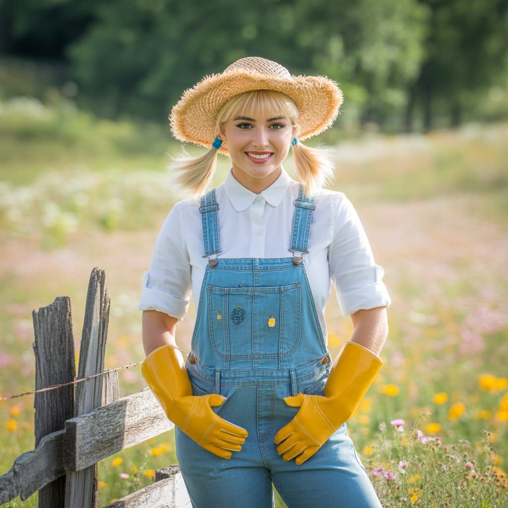 Girl in Overalls with Straw Hat in Wildflower Field