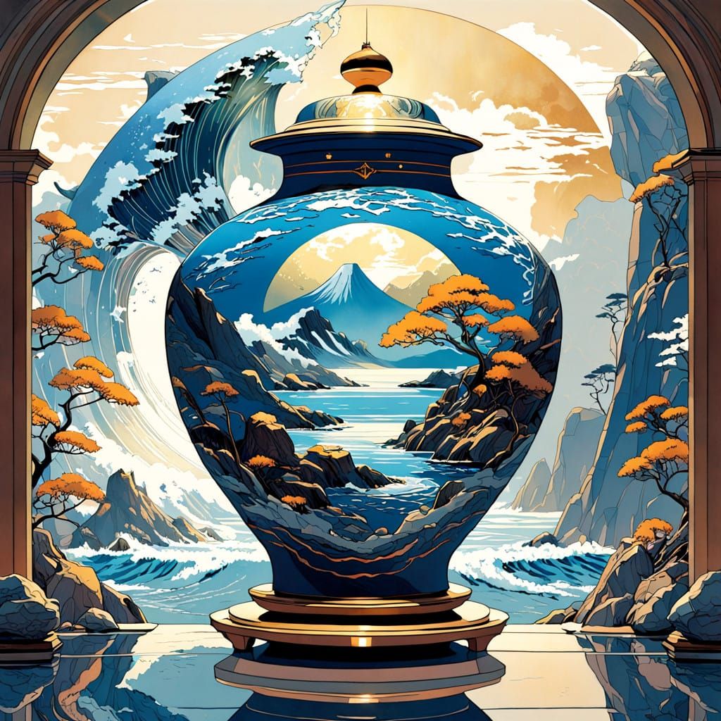 Golden Kintsugi Vase in Serene Oceanic Landscape