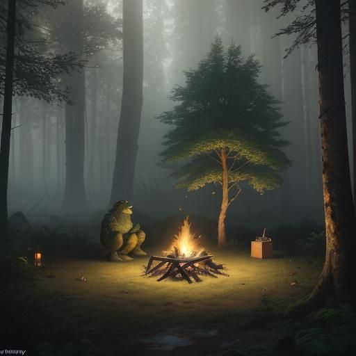 Bigfoot Observes Campers in Fantasy Art Style