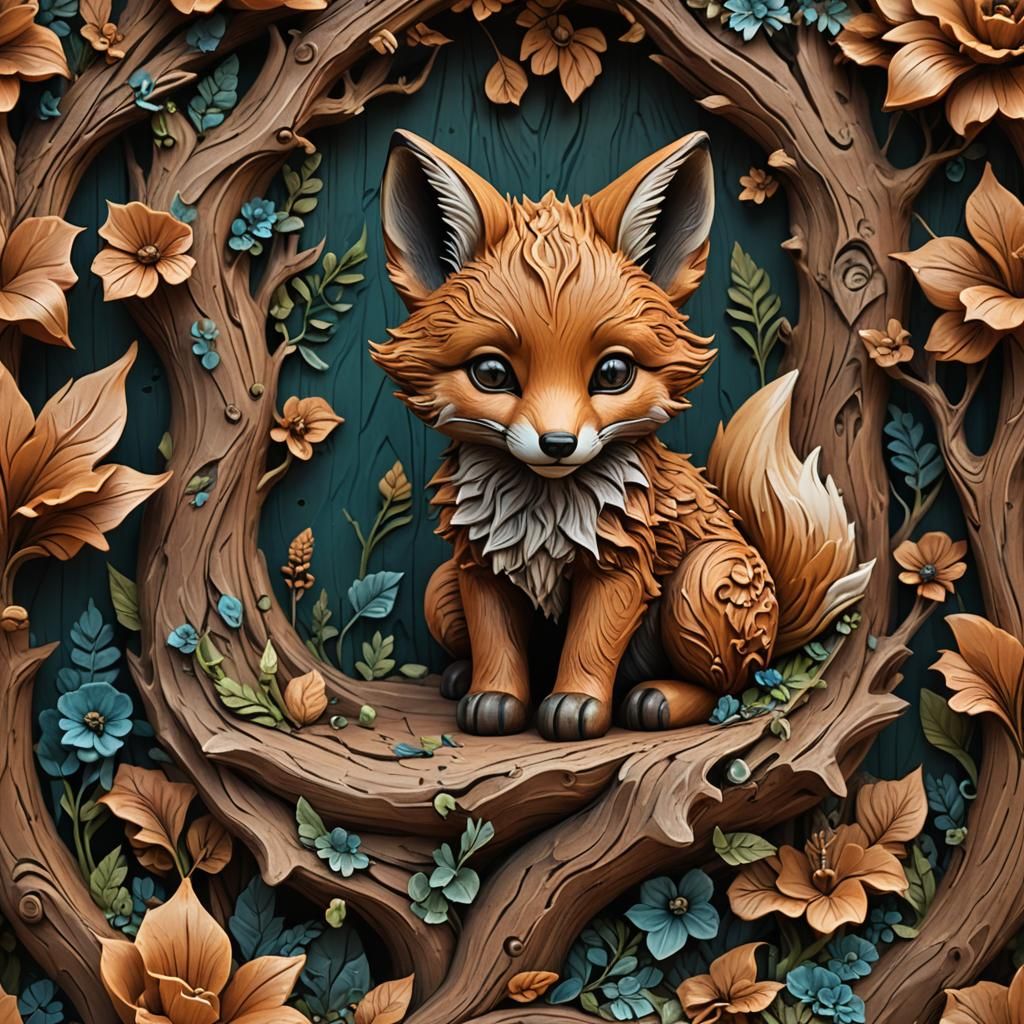 Cute Baby Fox Wood Carving in Matte Style