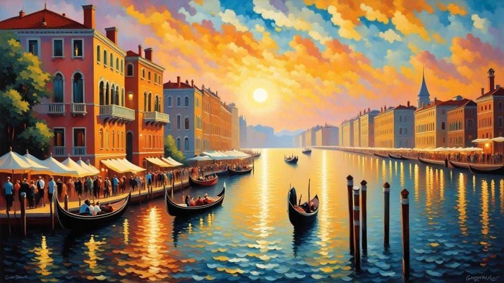 Venetian Sunset Scene in Impressionist Style