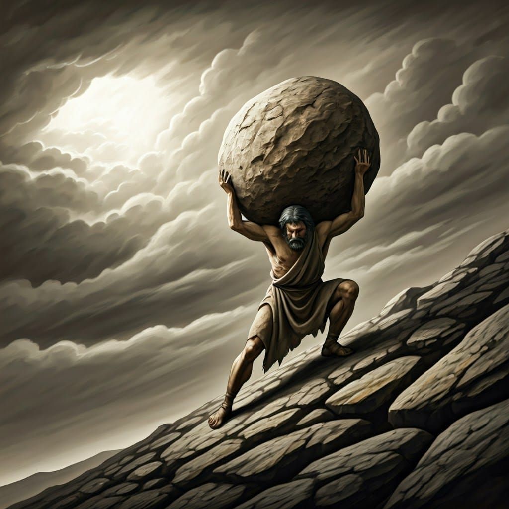 Sisyphus in Haunting Realism, Determined to Push Great Bould...