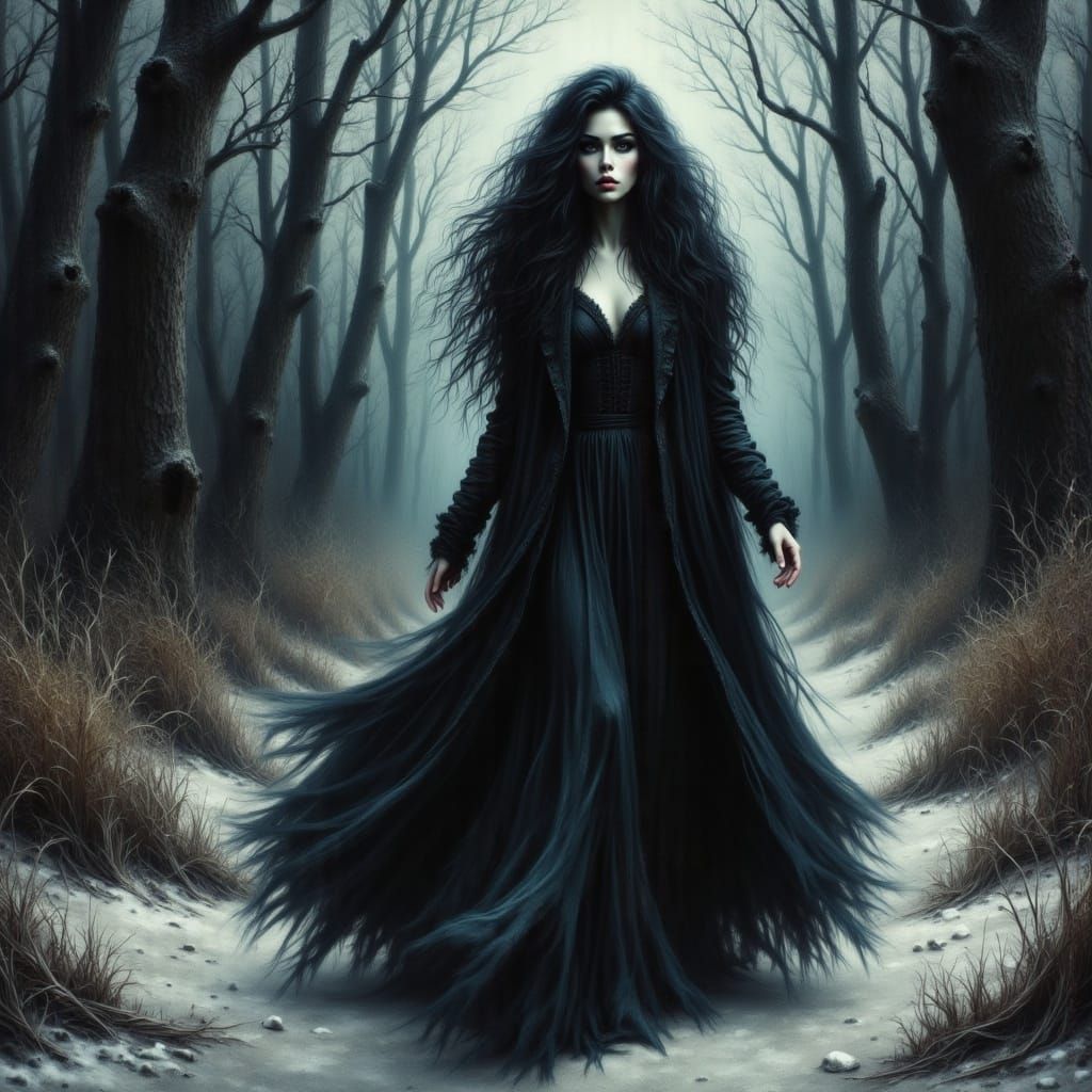 Dark-Haired Beauty in Snowy Forest, Dark Fantasy Style