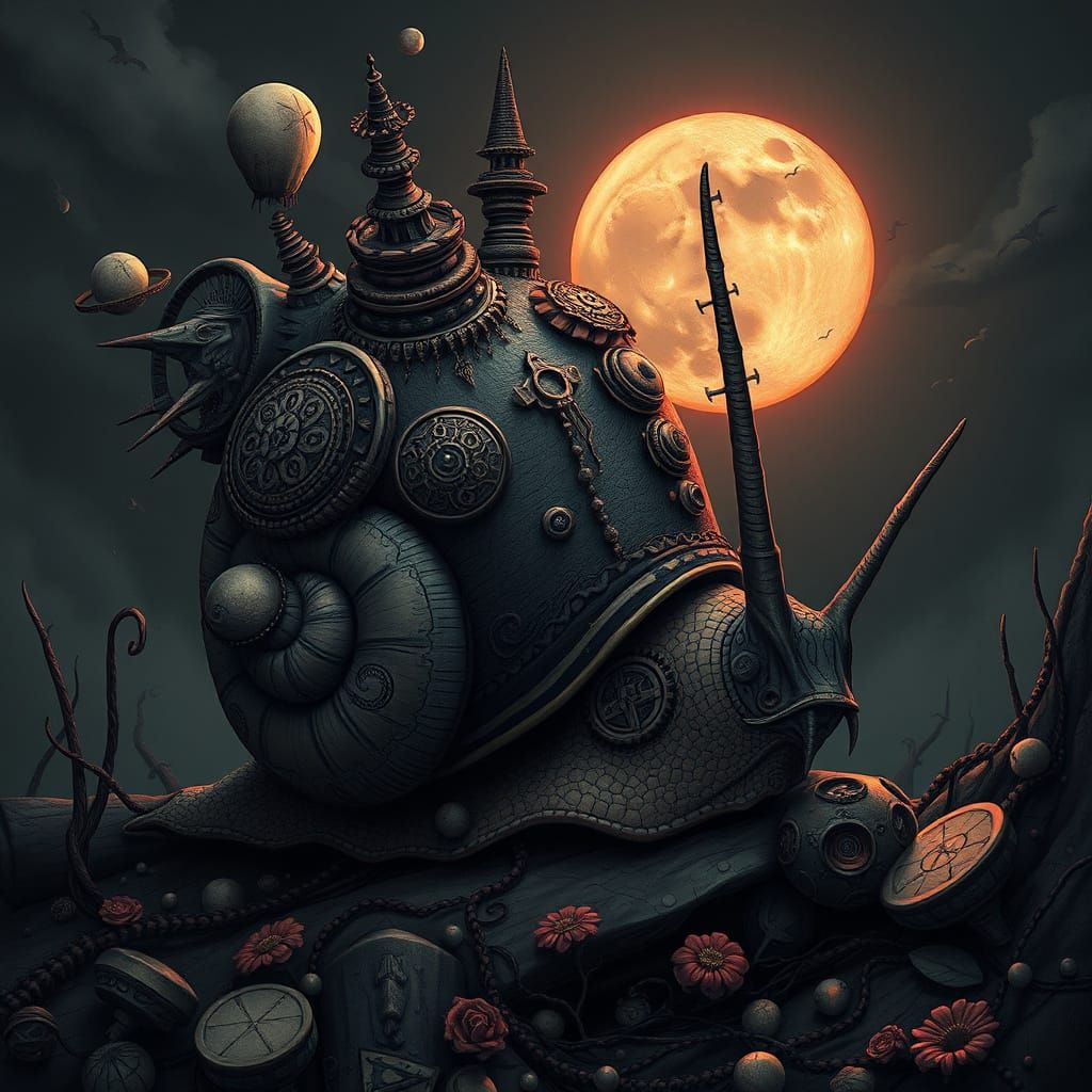 Gothic Snail in Surreal Dreamscape, Hyperdetailed Art