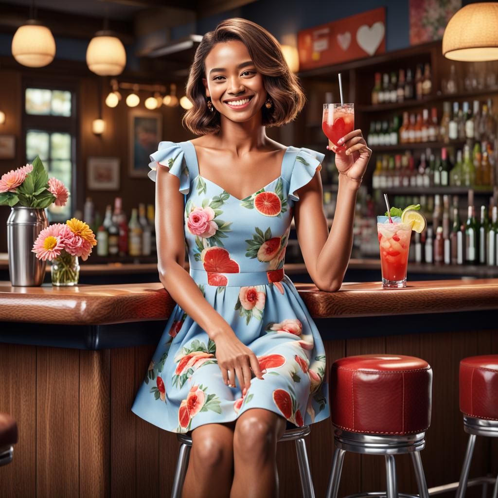 Woman at Bar During Happy Hour, Realistic Portrait