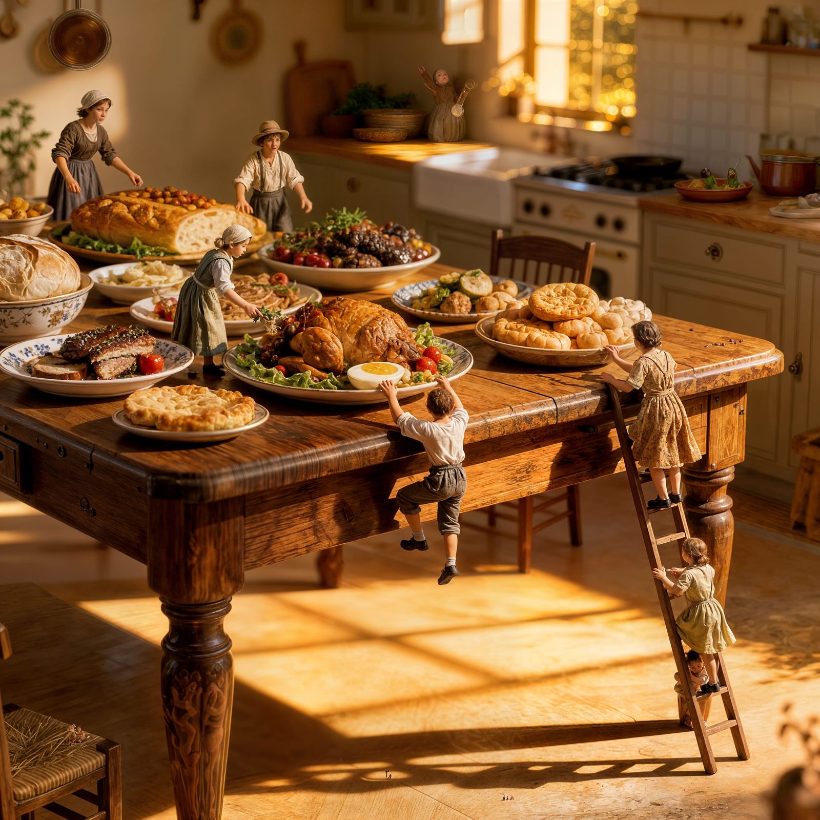 Little People Stealing Food from Kitchen Table in Golden Hou...