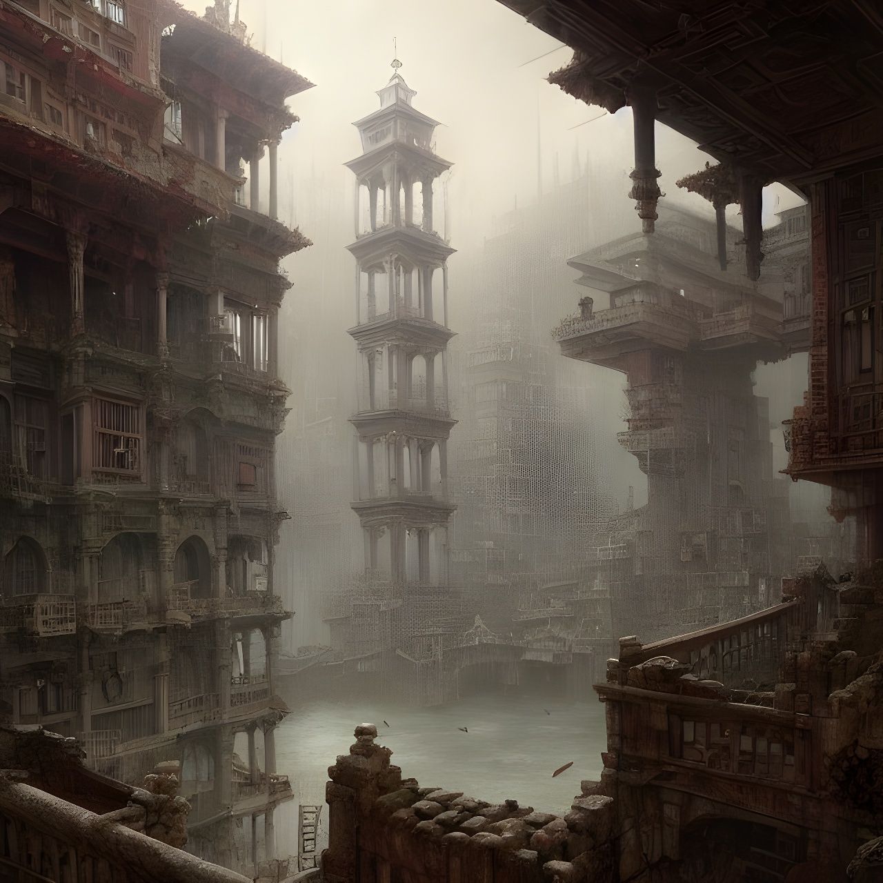 Misty Mediterranean Island with Sci-Fi Architecture