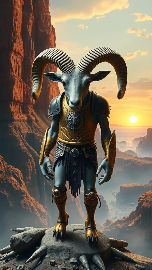 Humanoid ram figure with ruby eyes, horned crest, and clawed...
