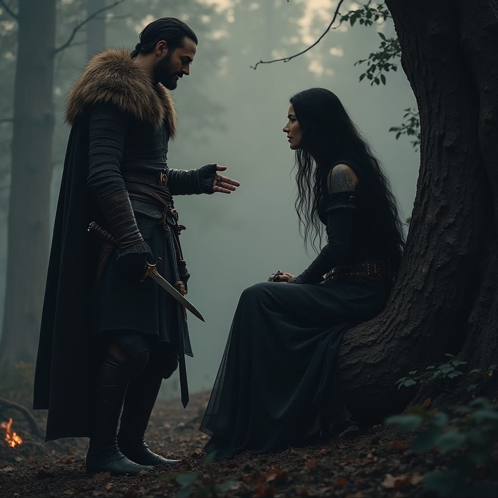 Mysterious Warrior in Ancient Forest Landscape