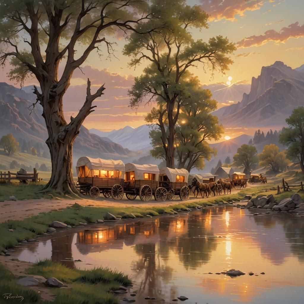 Wagon Train on Oregon Trail in Kinkade Style