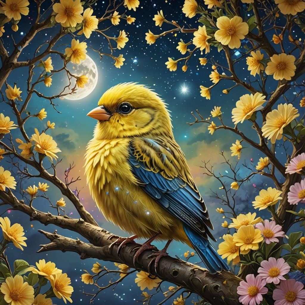 Fluffy Canary in Starry Floral Tree: Fantasy Art