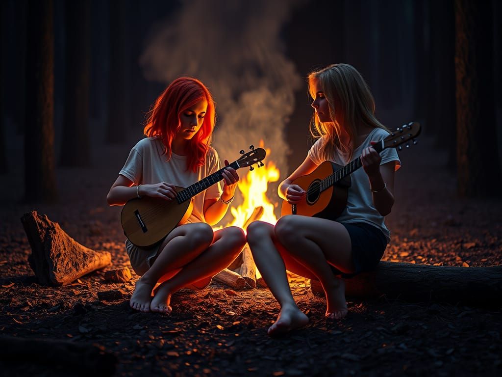 Campfire Musicians in Forest: Hyperdetailed 8K Resolution
