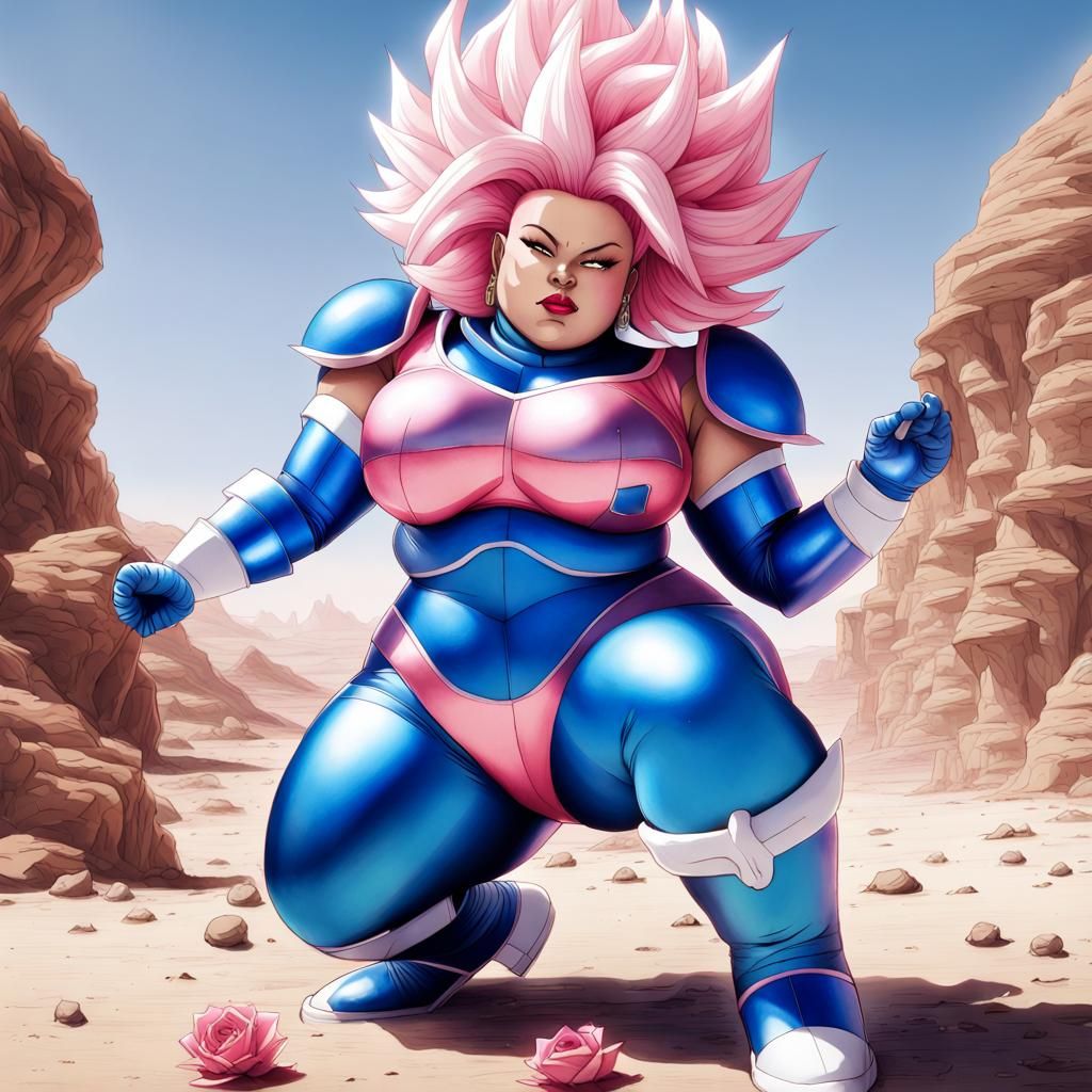 Curvy Super Saiyan in Desert Landscape: Anime Art