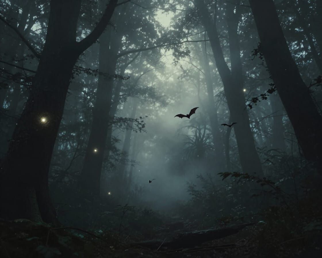 Mystical Forest Mist with Glowing Portals and Bats
