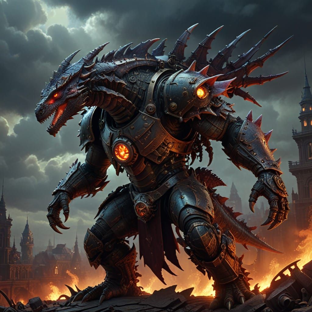 Steampunk Lizardman Guarding Clockwork City in Digital Paint...