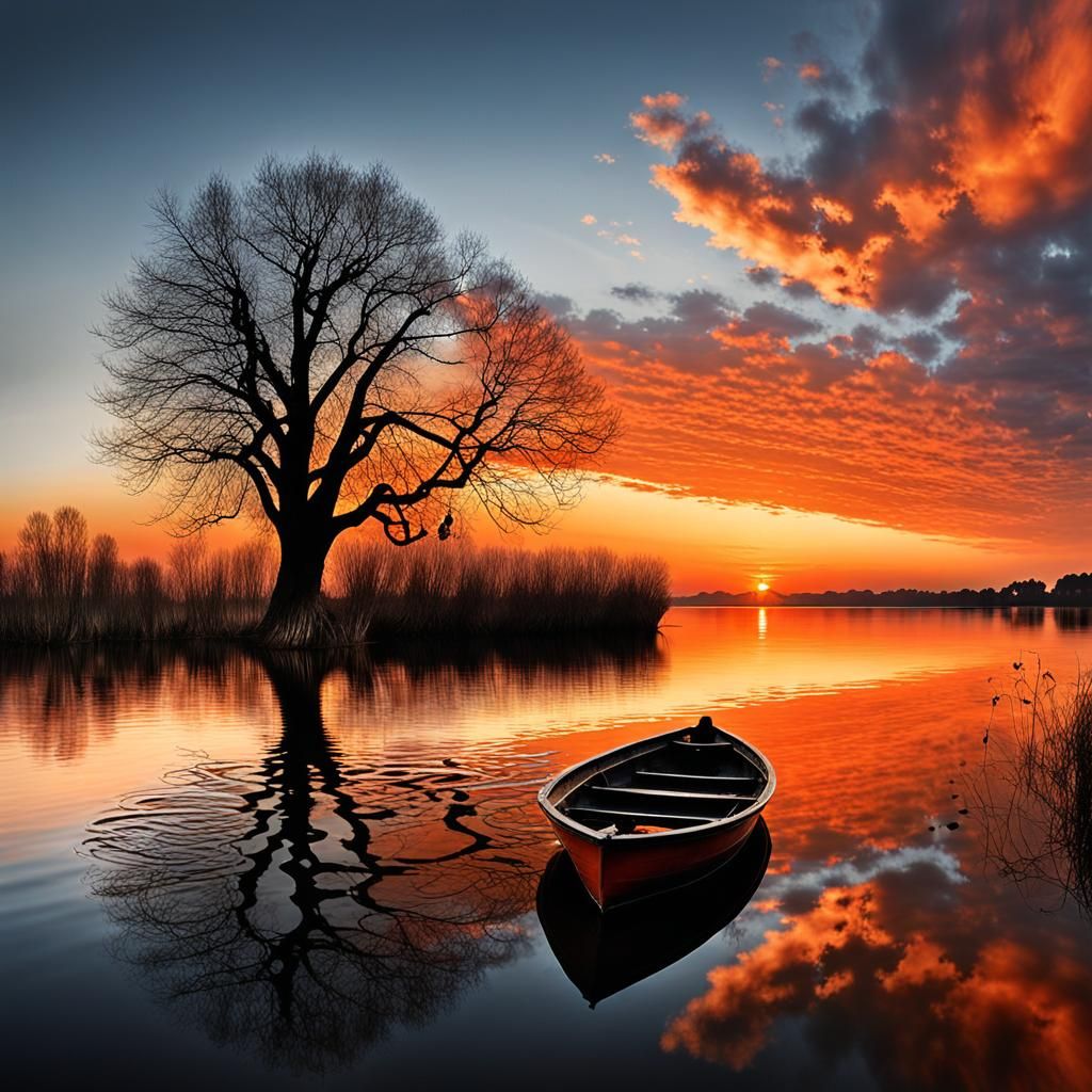 Surreal Orange Sunrise Panorama in Watercolor Style