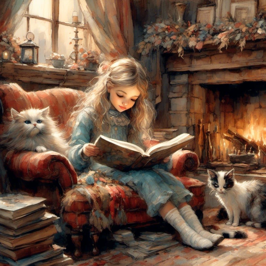 Girl Reading by Fireplace in Children's Book Style