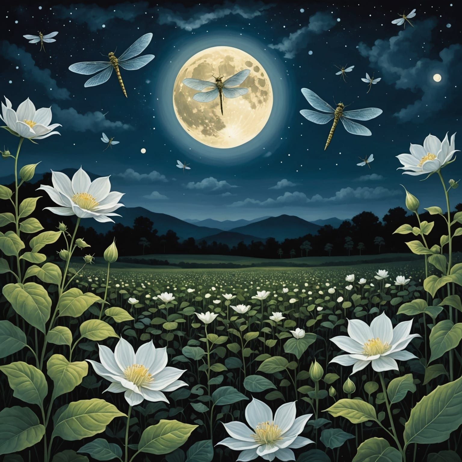 Moonlit Moonflower Field with Dragonflies
