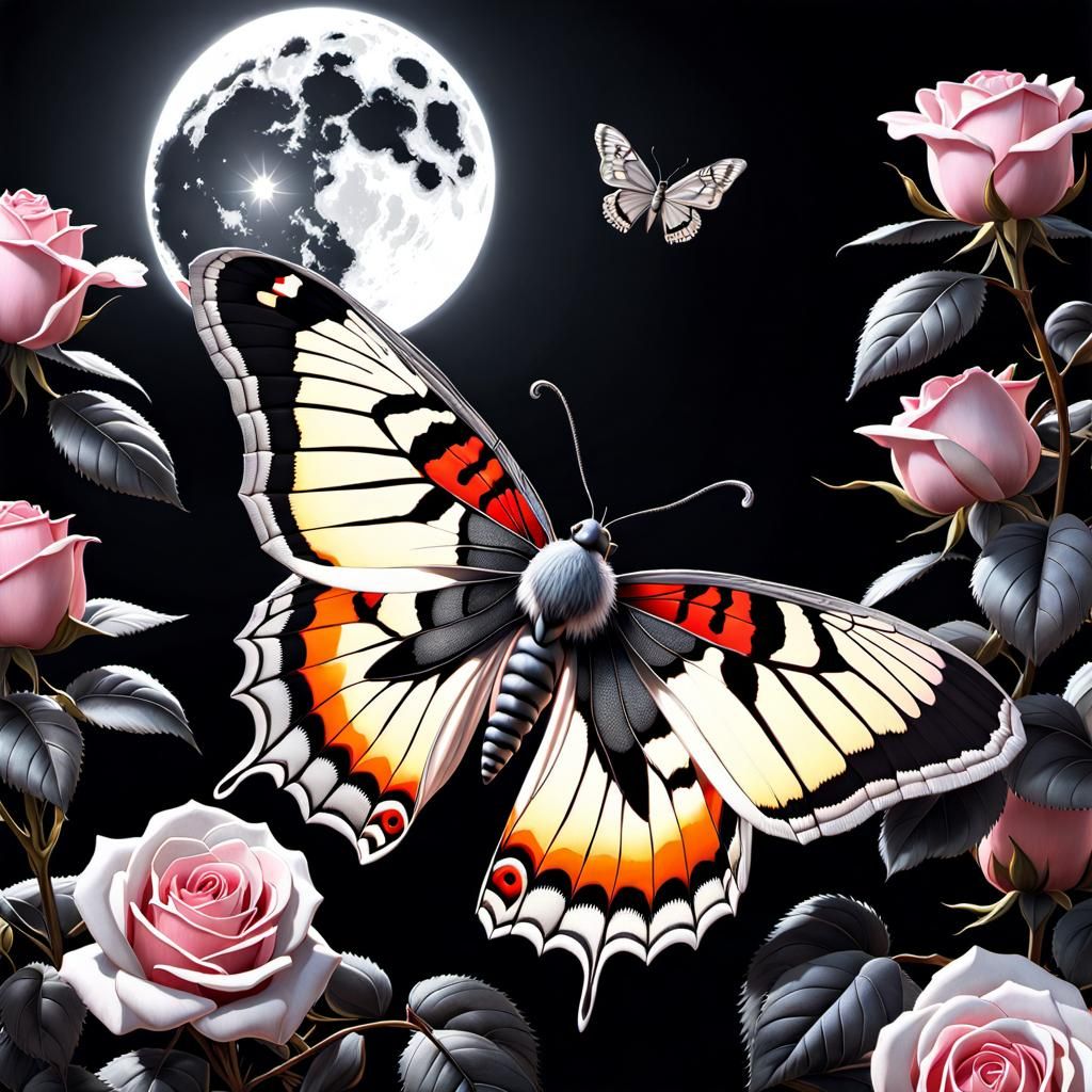Rococo Moth on Rose, Hyperdetailed Digital Art