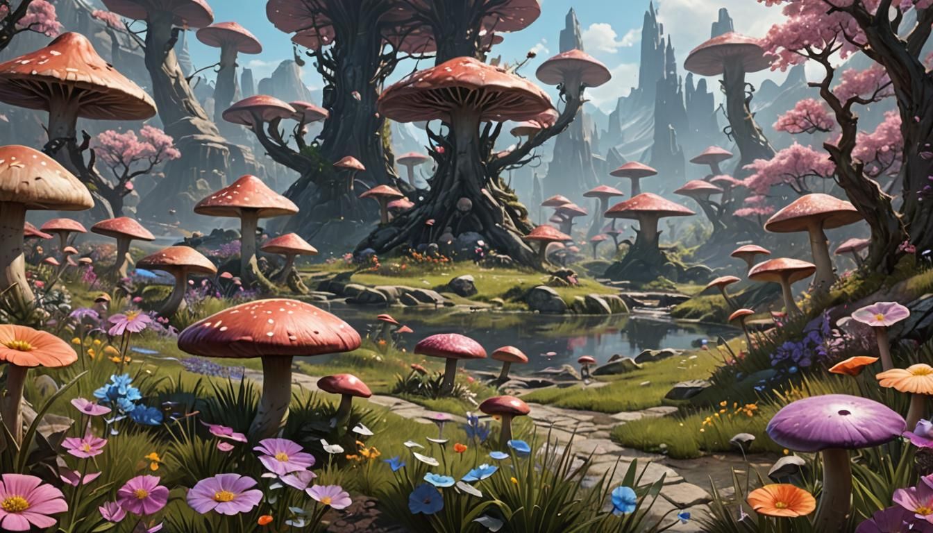 Cosmic Spring Landscape with Giant Flowers