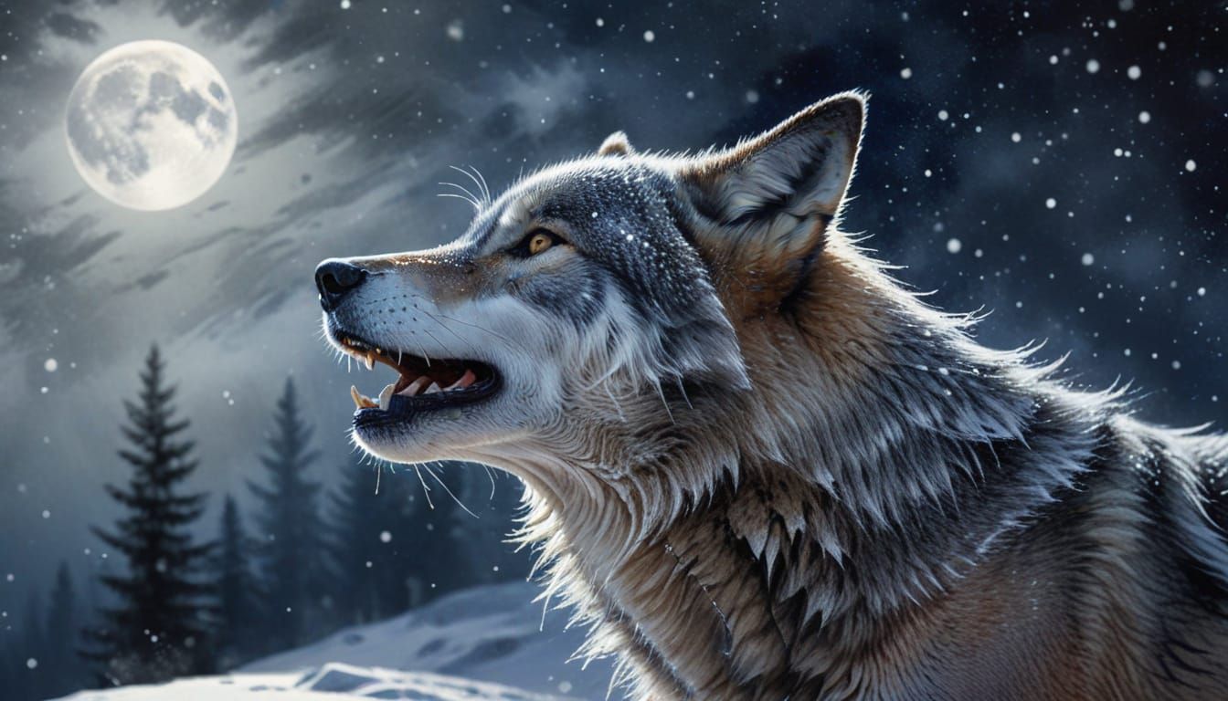 Lone Wolf Howling at Moon in Watercolor Style