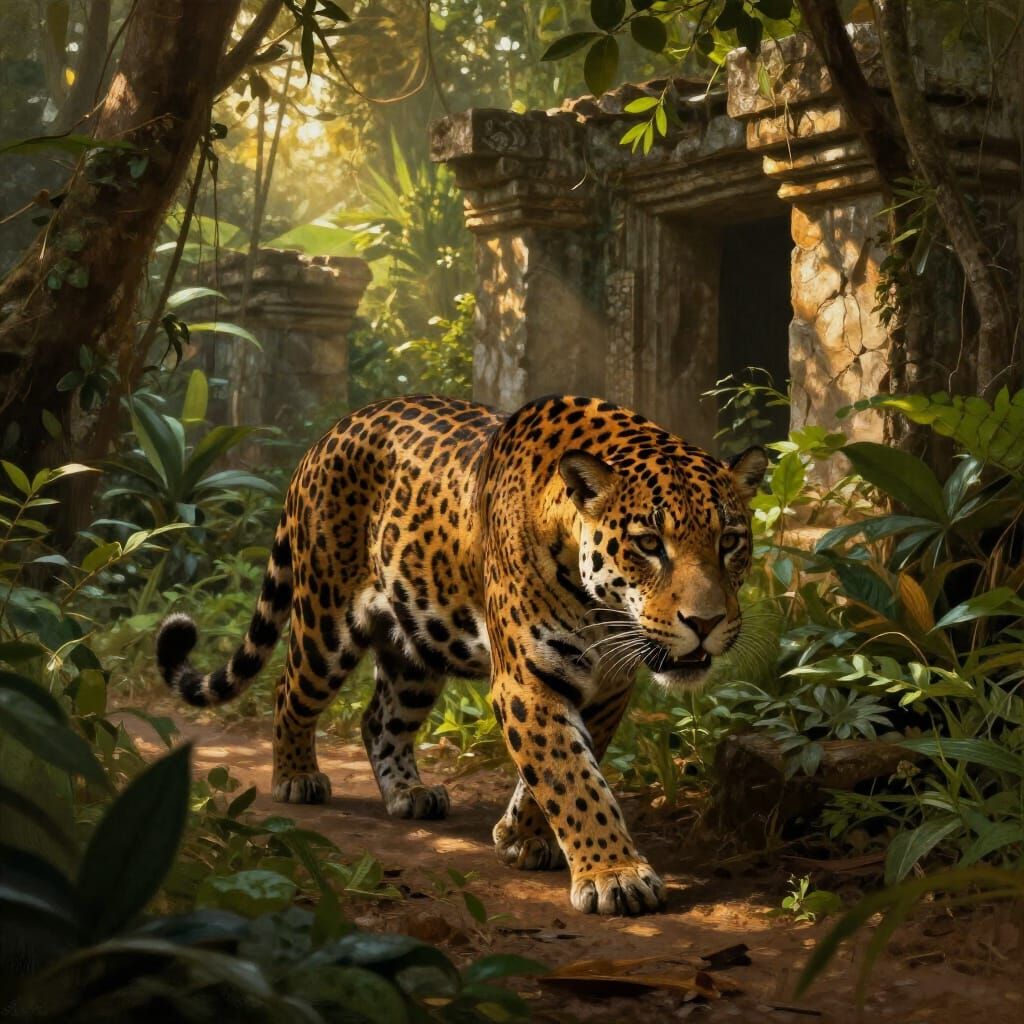 Majestic Jaguar in Sunlit Jungle Ruins