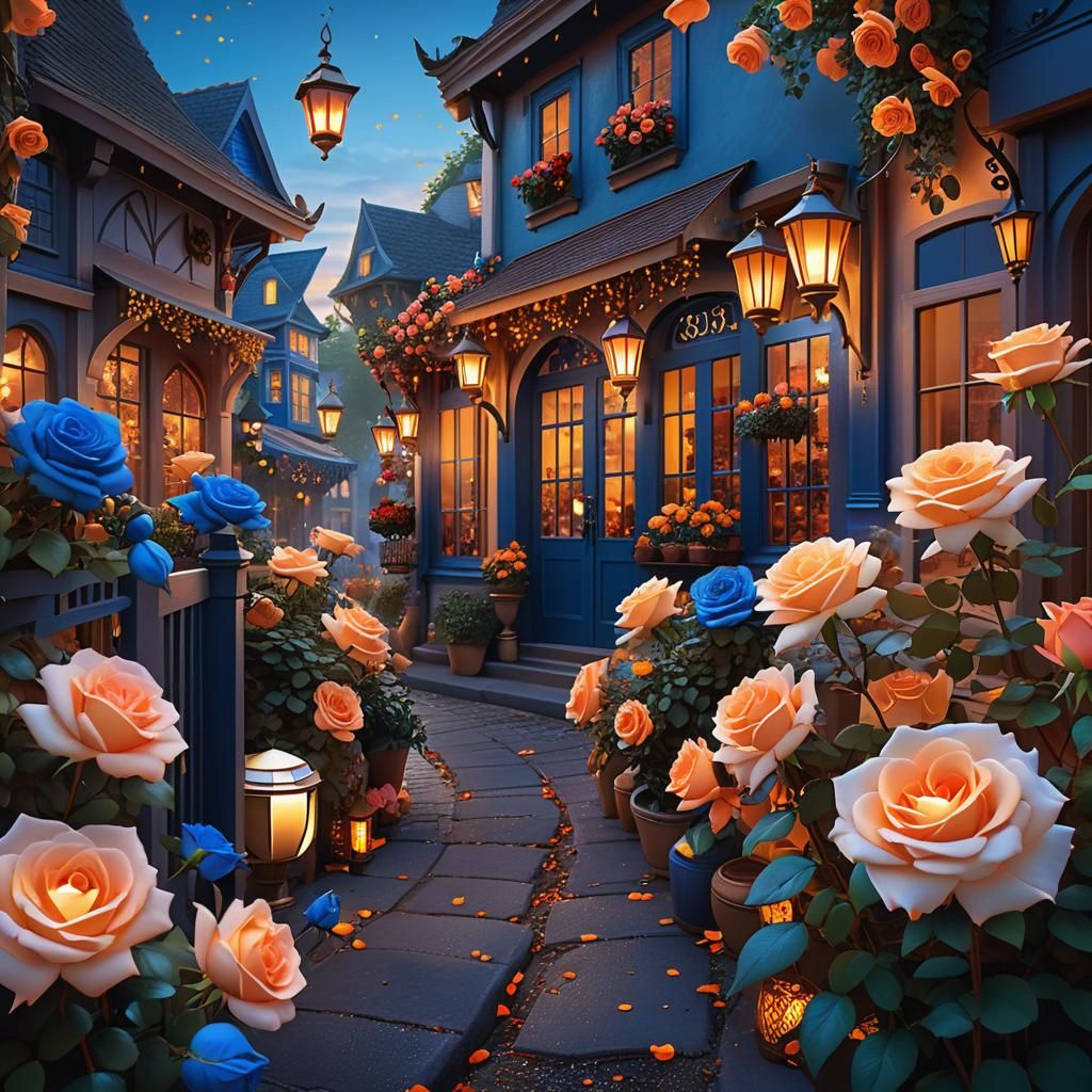 Whimsical Fantasy Scene at Golden Hour with Glowing Roses an...