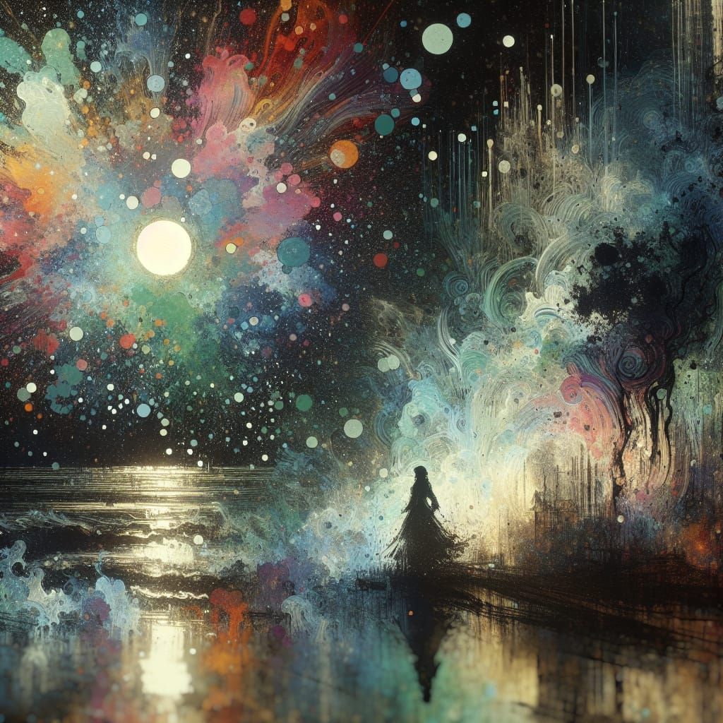 Ethereal Woman in Moonlit Abstract Landscape