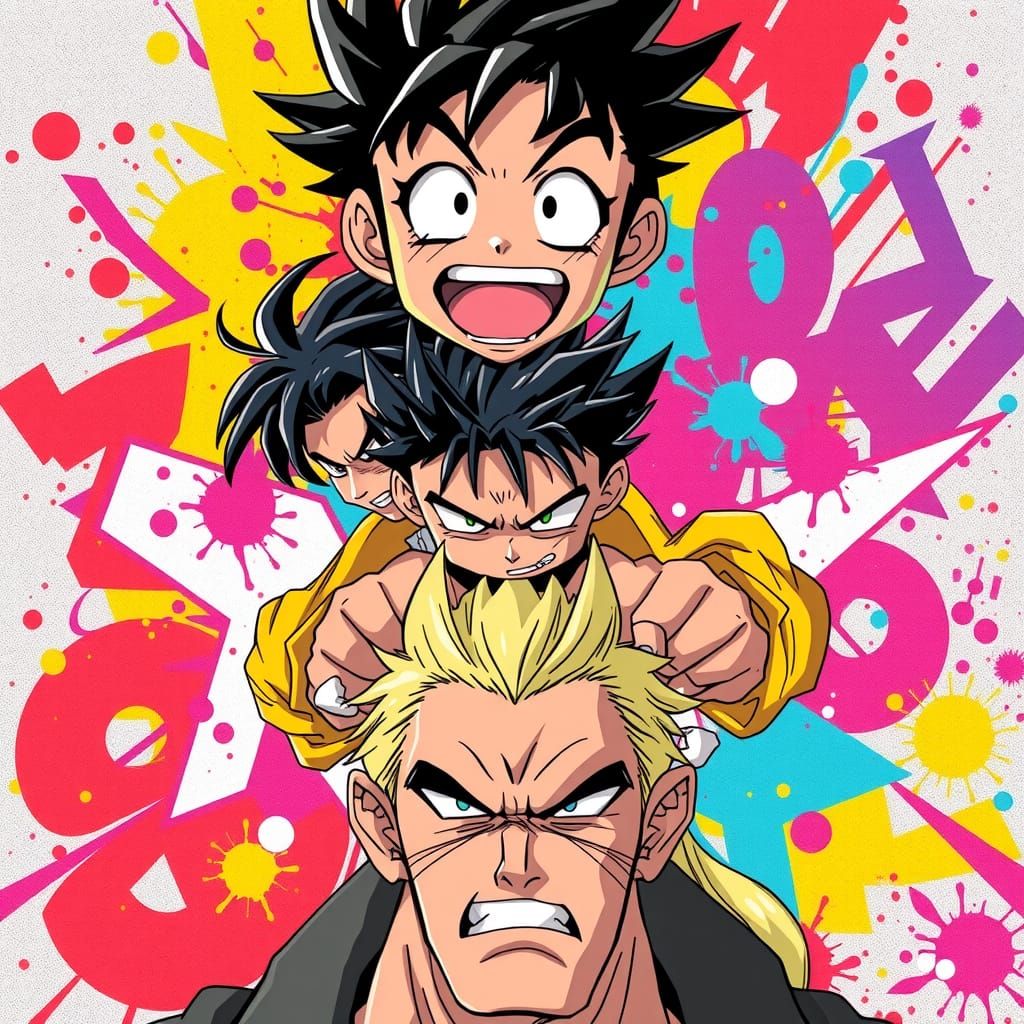 Dynamic Anime Characters Stacked in Graffiti Style