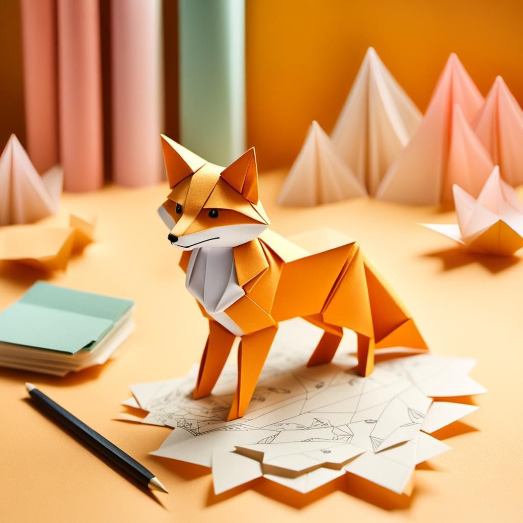 Origami Fox on Japanese Desk in Paper Art Style