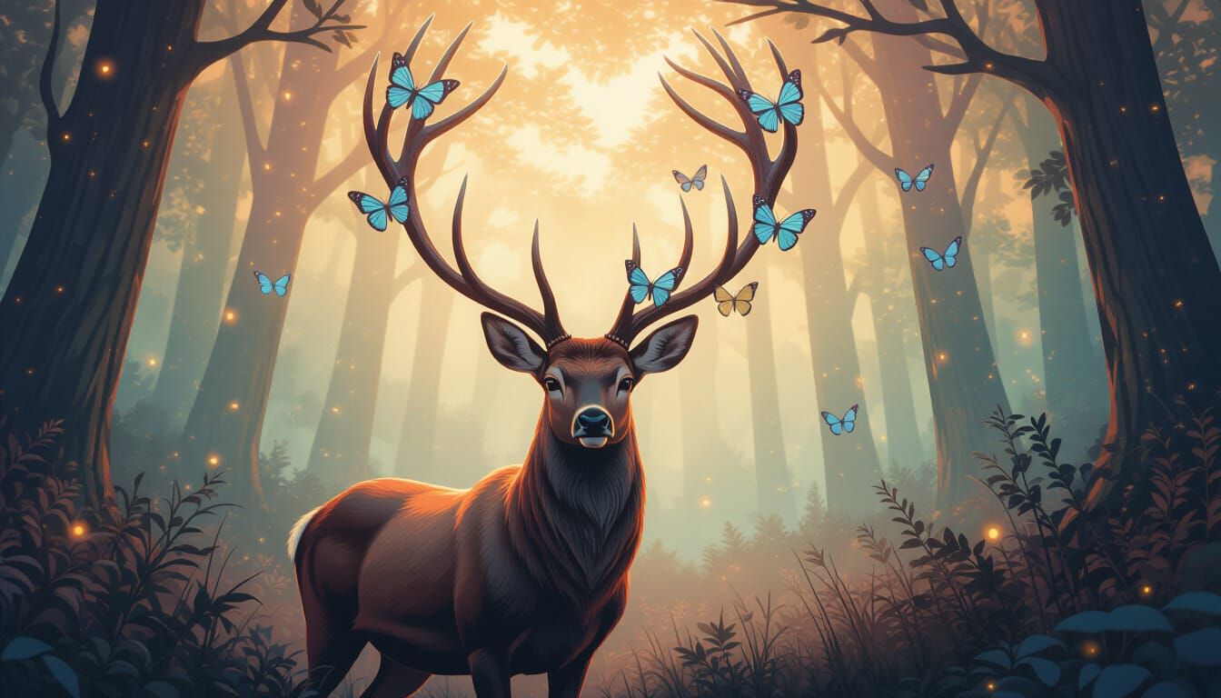 Mystical Deer with Butterfly Antlers in Dreamy Realism