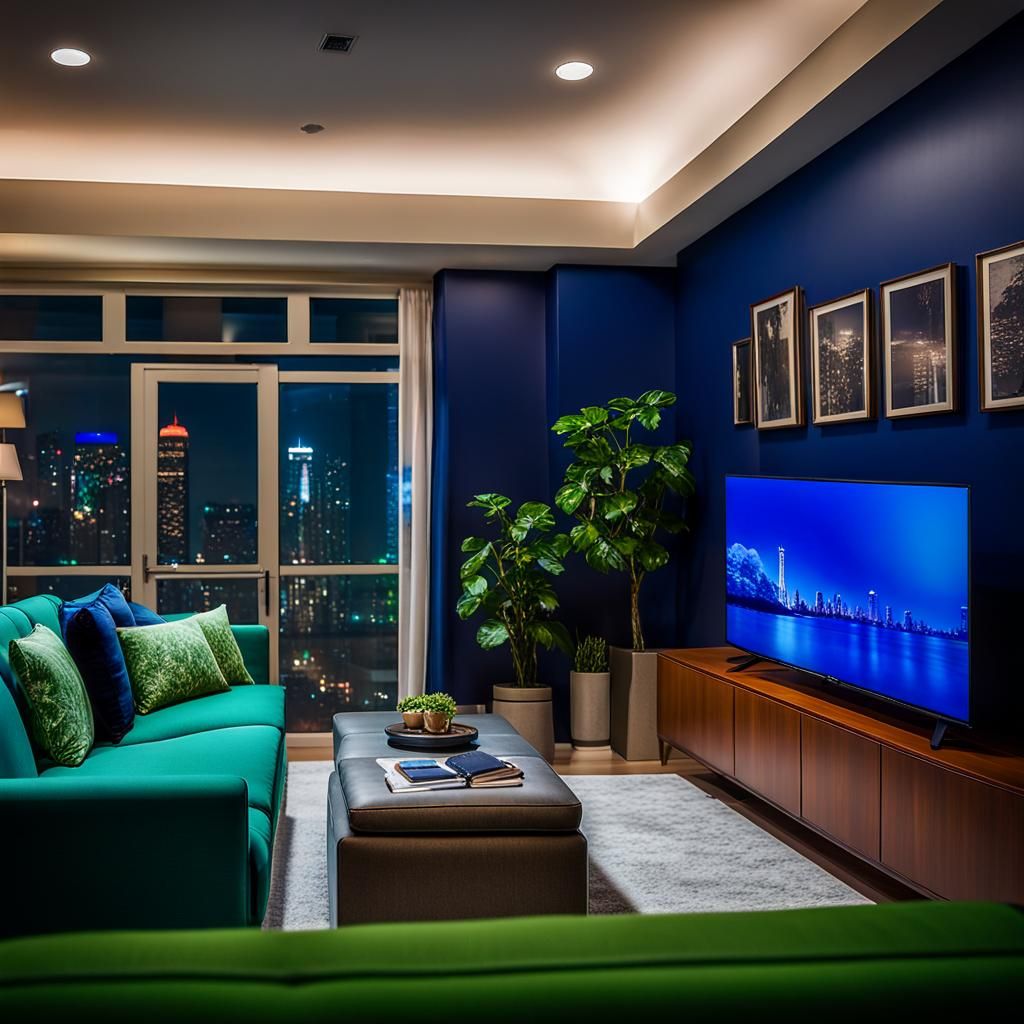 Nighttime TV View in Luxury Blue and Green Condo
