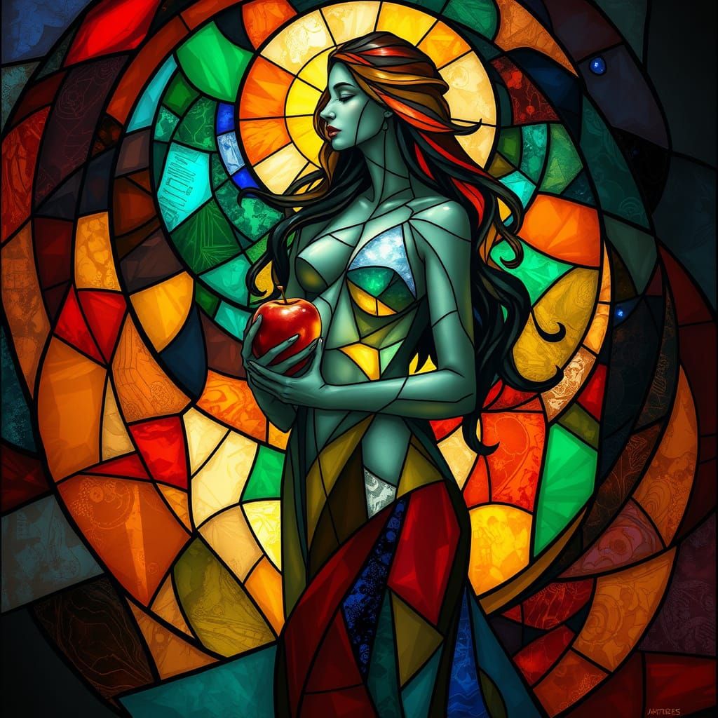 Ethereal Goddess in Cubist Stained Glass Realm