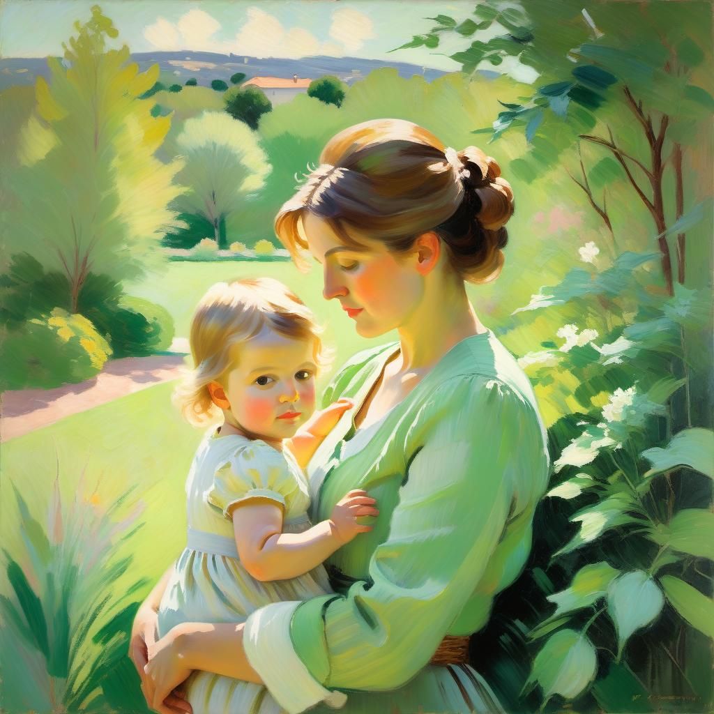 Impressionist painting, mother and child, reminiscent of Mar...