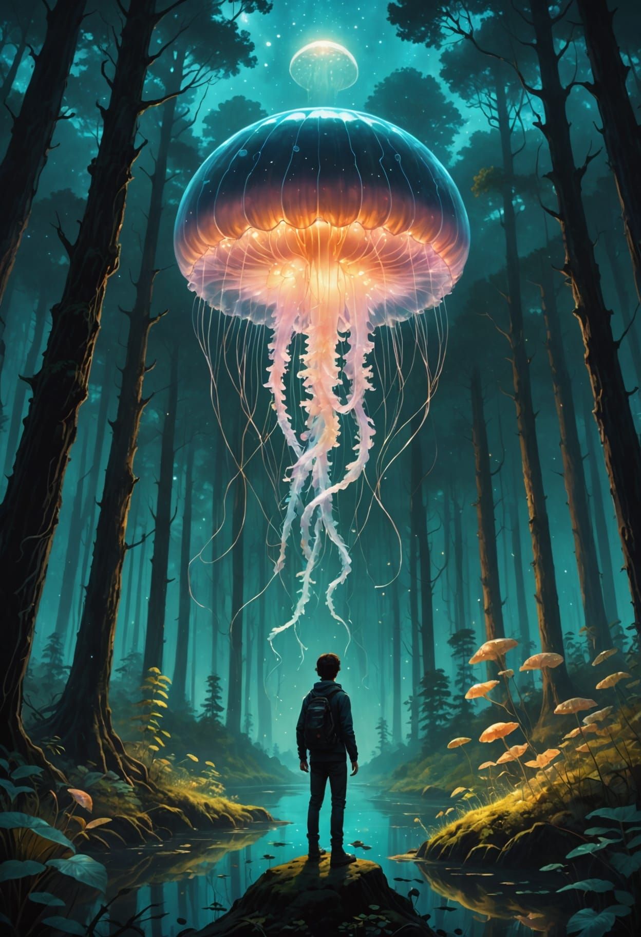 Ethereal Bioluminescent Forest Scene with Giant Jellyfish