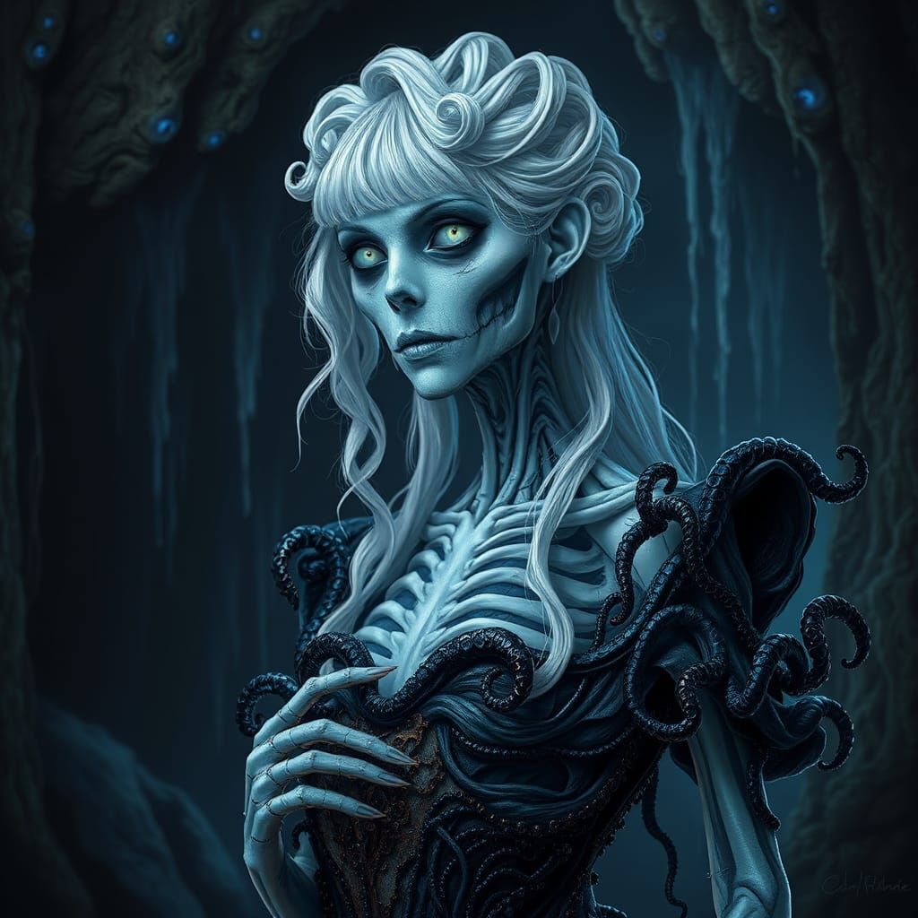 Icy Sorceress in Eldritch Cave: A Dark Fantasy Portrait