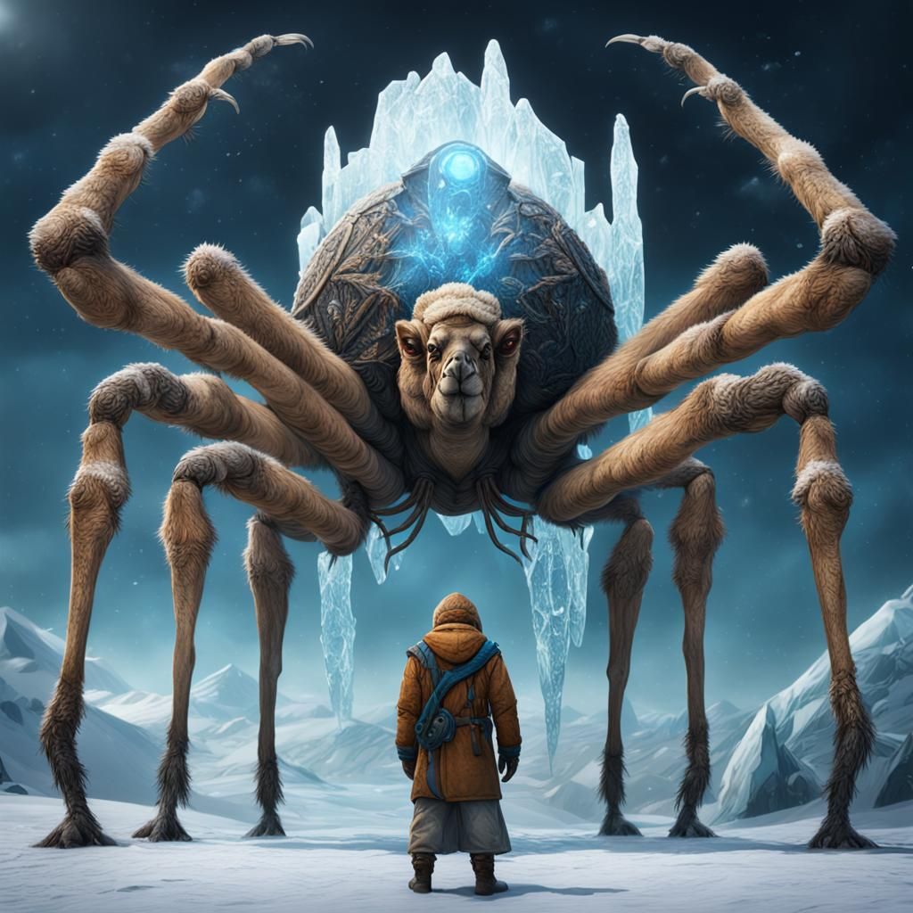 Eerie Humanoid Camel Spider on Icy Landscape
