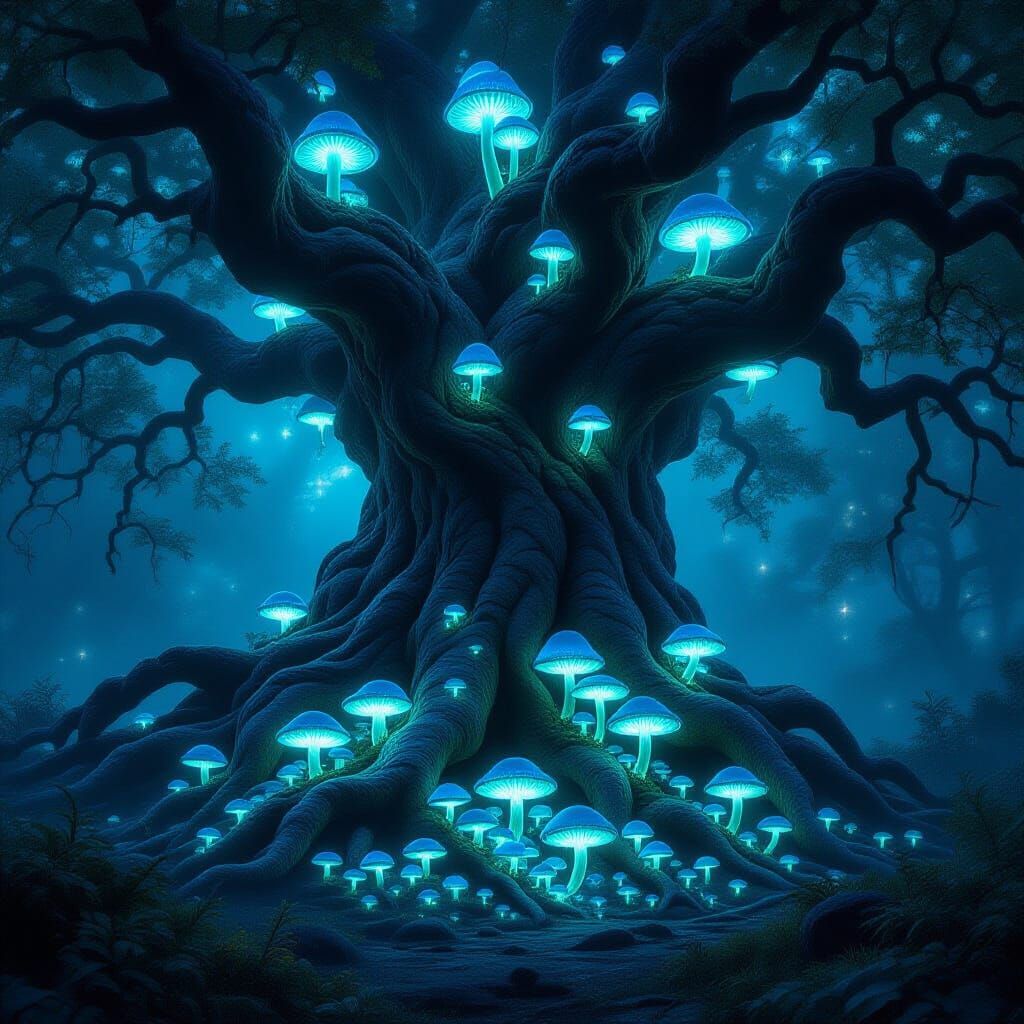 Ancient Tree of Spider Silk with Glowing Mushrooms