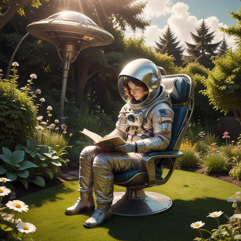 Astronaut Reads in Whimsical Garden Scene