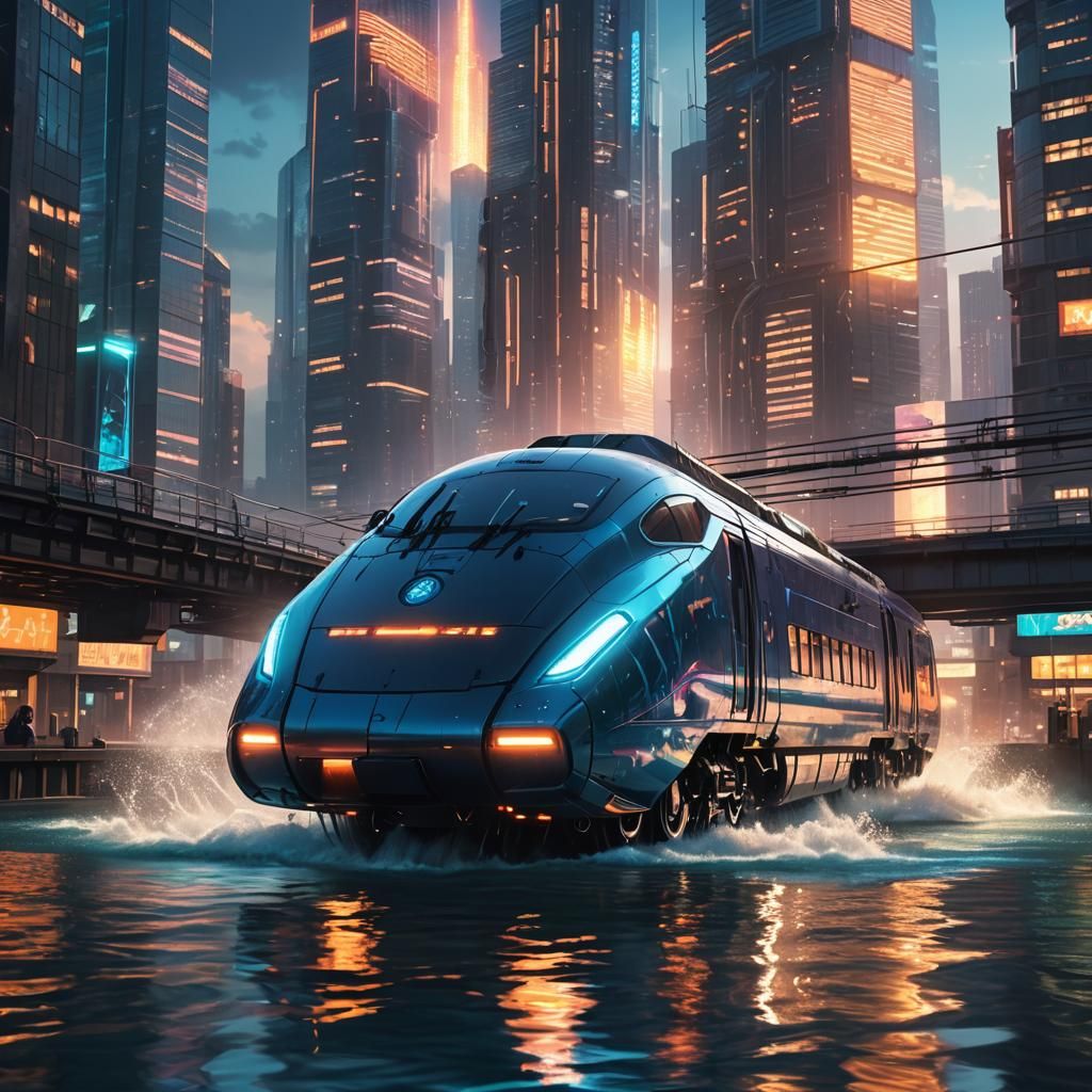 Cyberpunk Train Emerges from Water